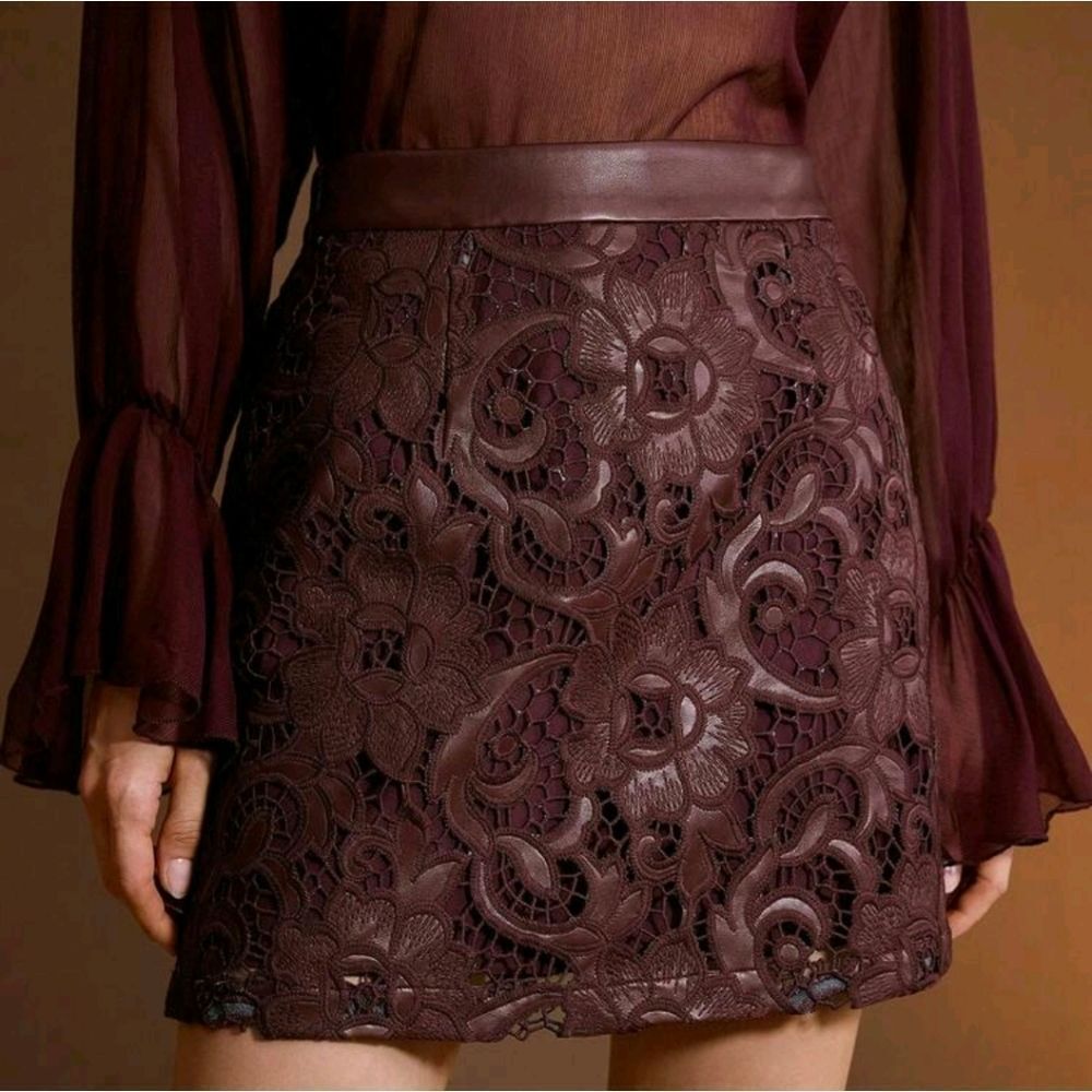 Bordeaux Lace & Faux Leather Mini Skirt | High-Waist Textured Overlay Skirt